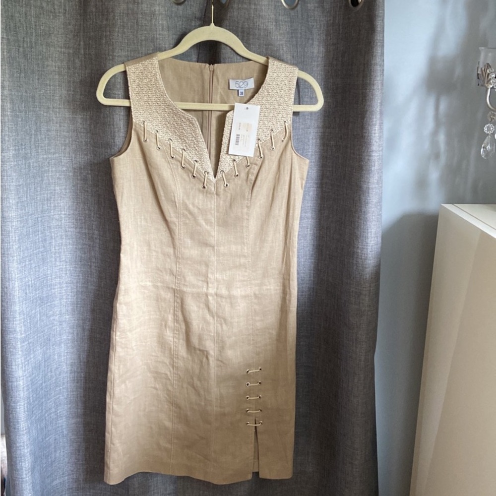 Uffizi 529 Beige Linen Stitchwork Dress Size 38/Small